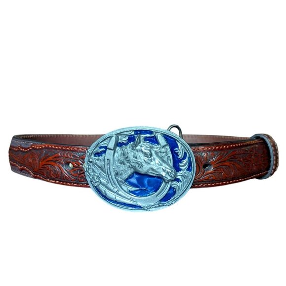 Nocona Siskiyou Horse Tooled Western Leather Statement Belt Buckle Resin Boho - Picture 2 of 15